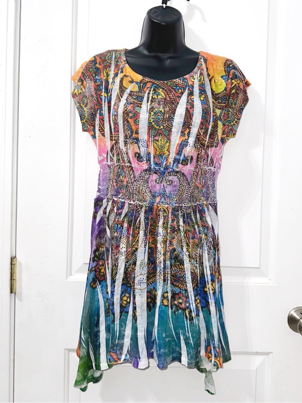 S-Twelve Vibrant Multicolor tunic top with rhinestones, size large